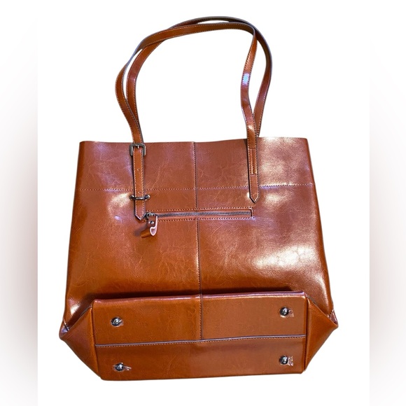 Kattee Genuine Leather Cognac Brown Tote 3 Interior Compartments Purse - Picture 2 of 4